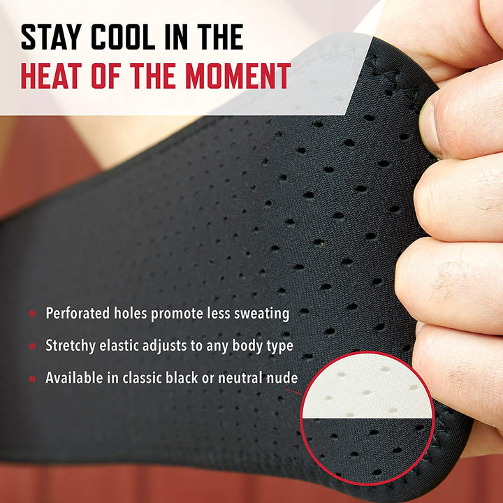 Stay cool in the heat of the moment. Perforated holes promote less sweating, stretchy elastic adjusts to any body type and available in classic black or neutral nude